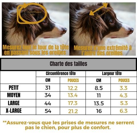Casquette pour chien Mia: conseils de mesure et grille de tailles montrant circonfĂ©rence tĂȘte en cm et pouces, et largeur tĂȘte en cm et pouces.