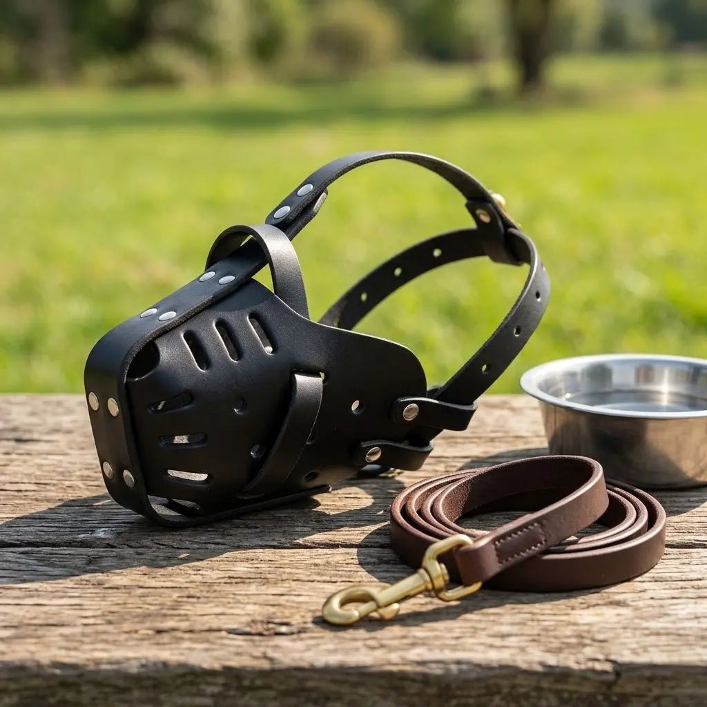 Muselière pour chien noire en cuir avec laisse marron, en extérieur sur une table en bois près d’un bol métallique. Mot clé: Muselière Chien / Fidgy.