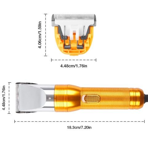 Tondeuse pour chien Shrek: vue principale des lames et du sabot avec dimensions 18.3 cm et 4.8 cm, couleur orange et argenté.