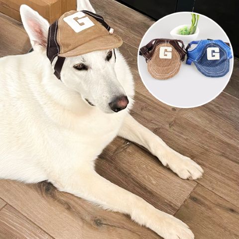 Casquette chien Goliath sur un chien blanc portant une casquette brun avec lettre G, et variantes bleu et brun en cercle.