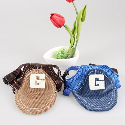 Deux casquettes pour chien, la lettre G en blanc sur une visière brun et une autre version bleu, posées près d’un vase avec tulipes. Casquette Chien / Goliath.