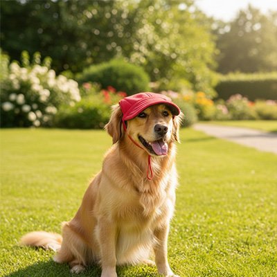 Chien golden retriever portant une casquette rouge dans un jardin ensoleillé, Marley.