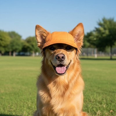 Casquette orange pour chien / Marley sur un chien heureux dans un parc.