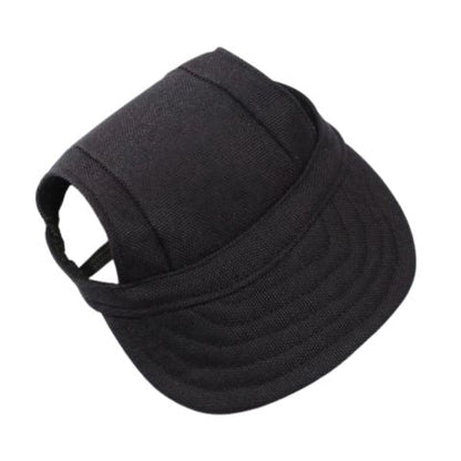 Casquette noire pour chien / Marley, visière courbée et bande ajustable pour le cou.