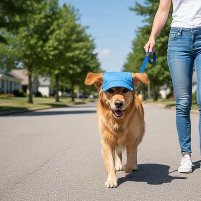 Chien qui marche en laisse sur une rue résidentielle ensoleillée, portant une casquette bleu / Marley casual, guidé par son maître.