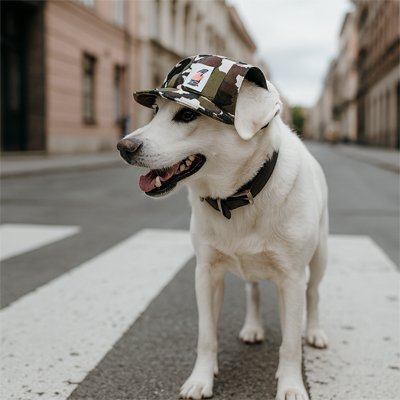 Chien blanc portant une casquette camouflage sur une chaussée urbaine, image nette et lumineuse. Casquette Chien / Mia.