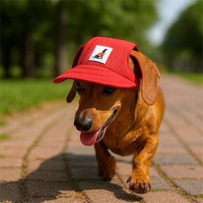 Casquette rouge pour chien Mia, sur un chien joyeux marchant sur un chemin de brique, dans un parc.