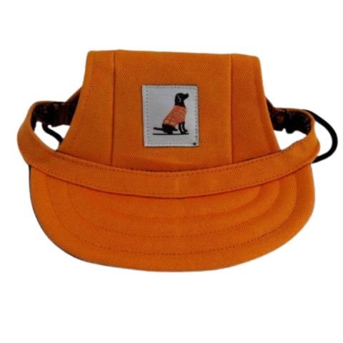 Casquette pour chien orange Mia avec inscription logo chien, bandeau ajustable et visière souple.