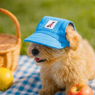 Casquette bleue sur un petit chien crépu, en pique-nique photo avec paniers et fruits autour. Casquette Mia pour chien.