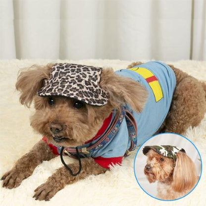 Chien portant casquette à motifs léopard et tee-shirt bleu, vue principale, et petit zoom sur un chien qui porte une casquette camouflage