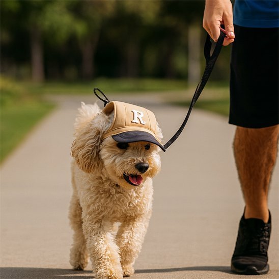 Casquette chien / Rosco beige sur un chien en promenade avec son humain tenant la laisse