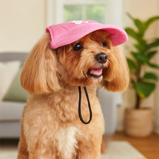 Casquette rose pour chien sur un chien au pelage doré, produit Casquette chien / Rosco, vue en intérieur.