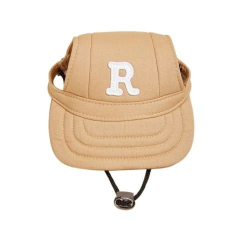 Casquette pour chien Rosco, couleur beige, logo « R » et cordon de serrage sous la visière.
