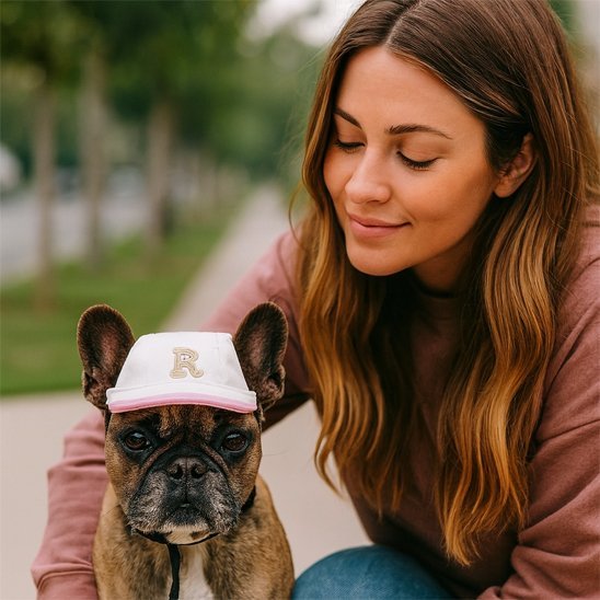 Casquette pour chien / Rosco portée par un bouledogue français, retenue gentiment par une femme souriante lors d’une promenade.