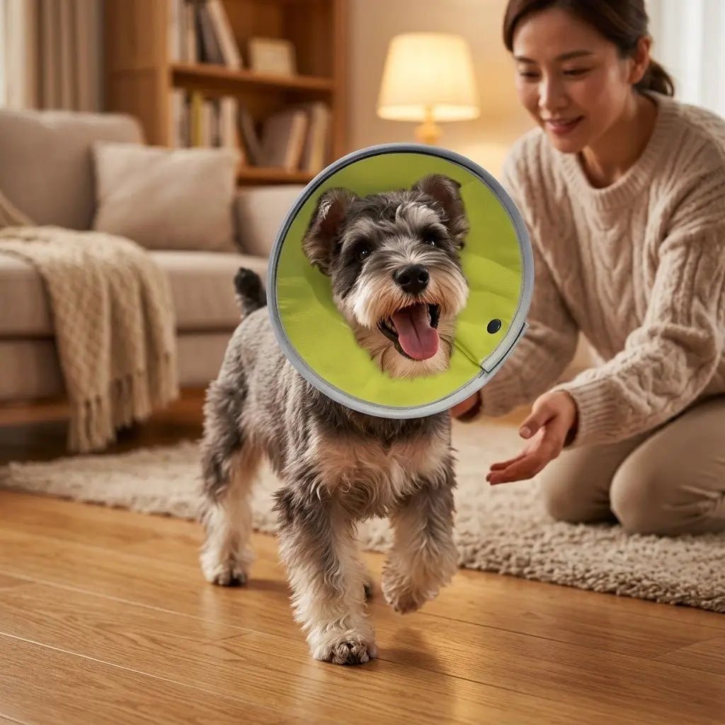 Chien de petite taille portant un cone de rétablissement jaune vif, avec femme souriante l’aidant à marcher.
