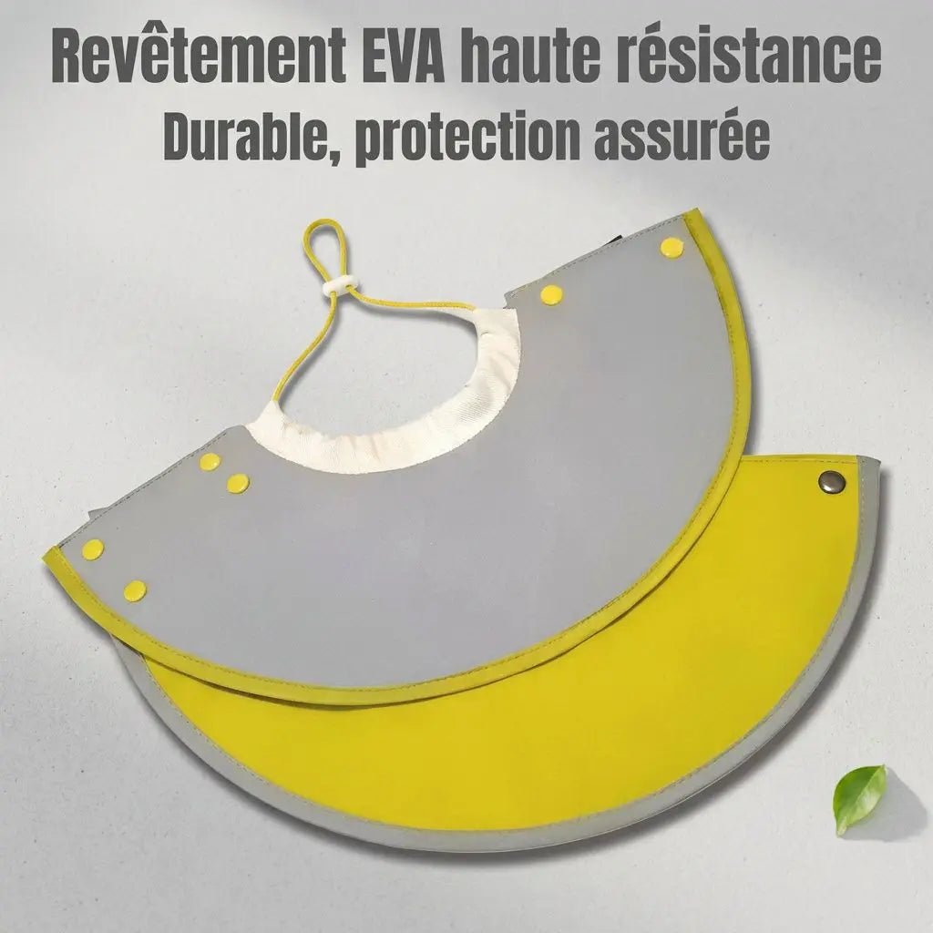 Collerette chienne de protection en EVA haute résistance jaune et gris, avec fermeture velcro et boutonnières, mise en page circulaire.