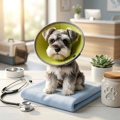 Bébé chien schnauzer porte une collerette verte, assis sur une serviette bleue dans une clinique vétérinaire moderne.