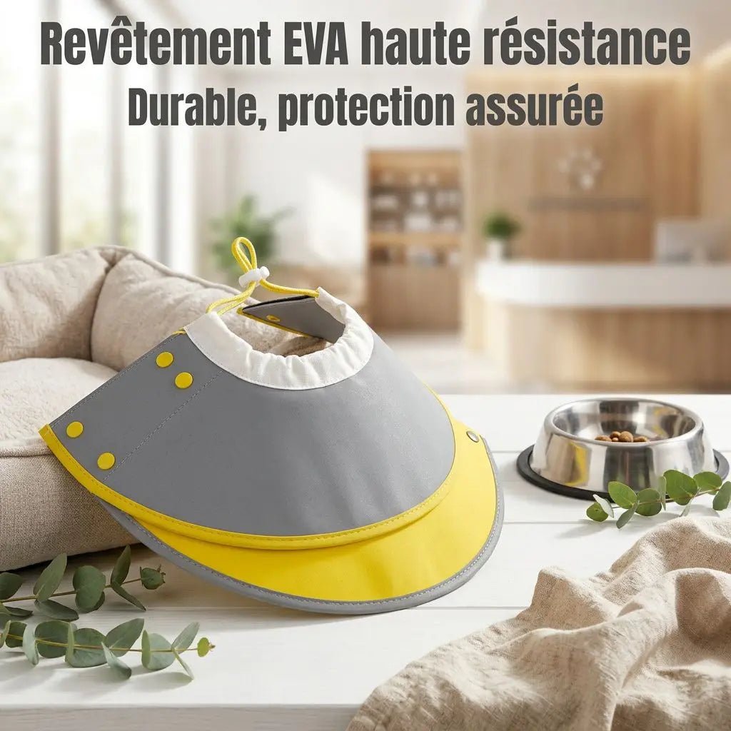 Collerette chien style modern gris et jaune avec attache, près d’un bol pour chien sur une table blanche intérieure, logo de sécurité EVA haute résistance.
