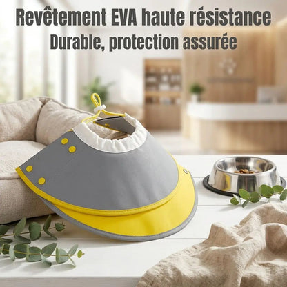 Collerette chien style modern gris et jaune avec attache, près d’un bol pour chien sur une table blanche intérieure, logo de sécurité EVA haute résistance.