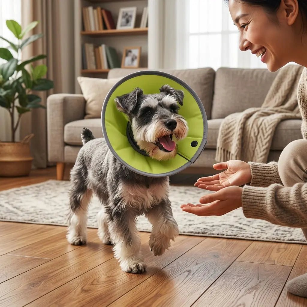 Chien schnauzer portant un collier conoïde vert fluo, aide pour guérison à la maison, interactif avec personne qui l’encourage. Collerette Chien / Troylie.