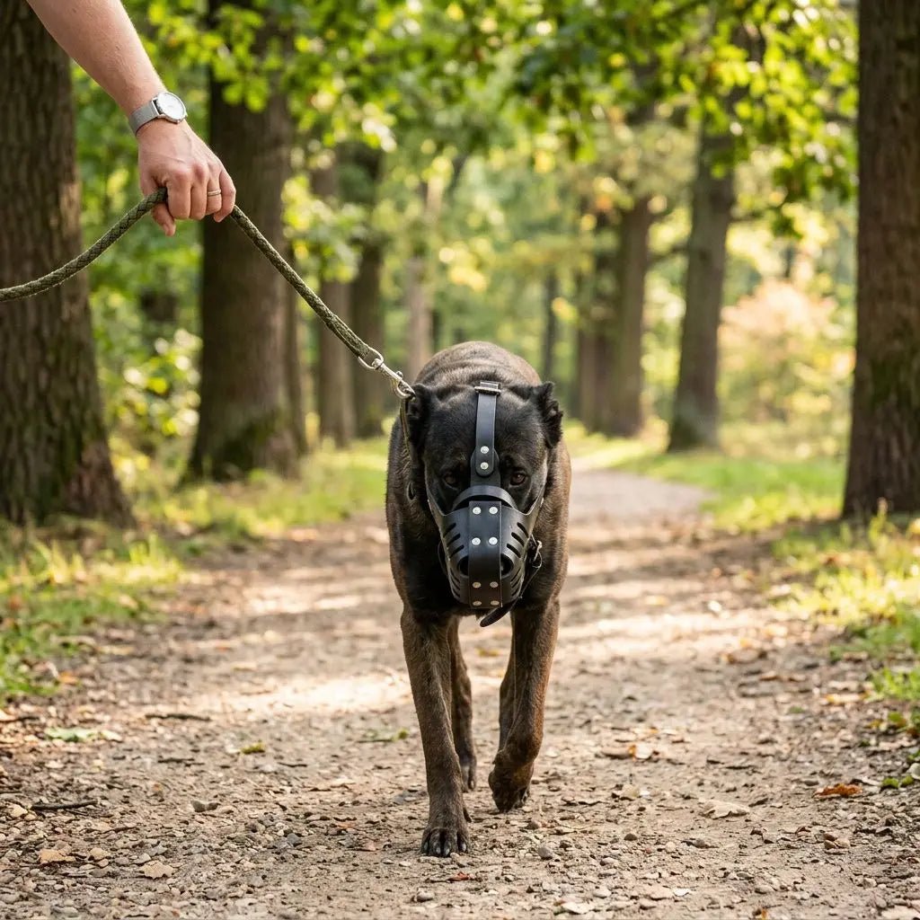 Muselière pour chien noire portée par un chien tranquille lors d’une promenade en forêt, guidé par une laisse. Muselière Fidgy.