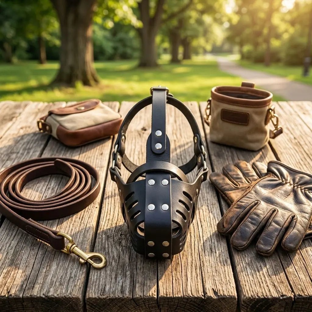 Muselière pour chien en cuir noir, entourée de gants et accessoires pour chien, sur une table en bois, avec sac et ceinture en arrière-plan. Muselière Fidgy.