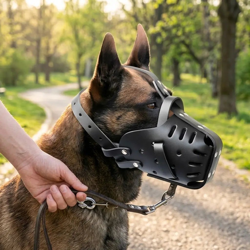 Muselière pour chien Fidgy en cuir noir, ajustable sur tête du chien, lors d’une promenade en parc.