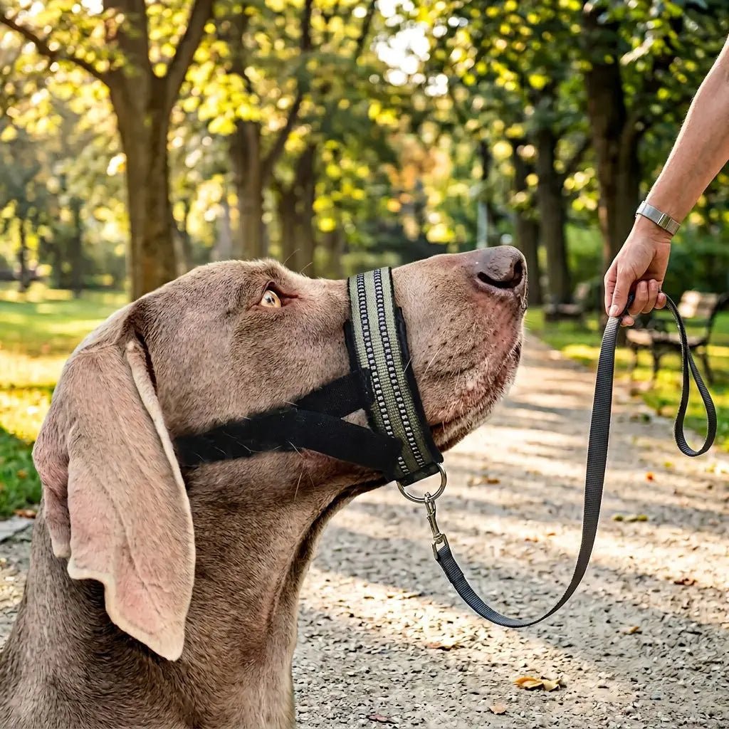 Muselière pour chien Keira en kaki, portée par un chien en promenade dans un parc, avec une laisse tenue par une main.