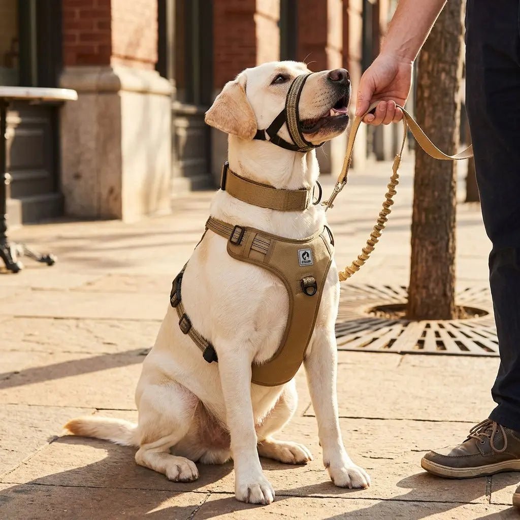 Muselière chien Keira sur un chien Labrador assis, guidé par une laisse tenue par une personne en ville.