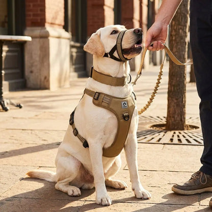 Muselière chien Keira sur un chien Labrador assis, guidé par une laisse tenue par une personne en ville.