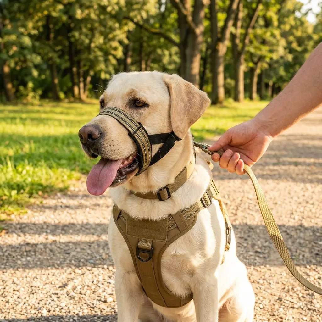 Muselière pour chien Keira en place, avec harnais beige et laisse tenus par une main, chien assis sur un chemin de parc.