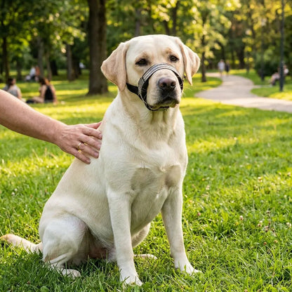 Muselière pour chien Keira sur un chien Labrador sur pelouse, dans un parc, main caressant l’épaule du chien.