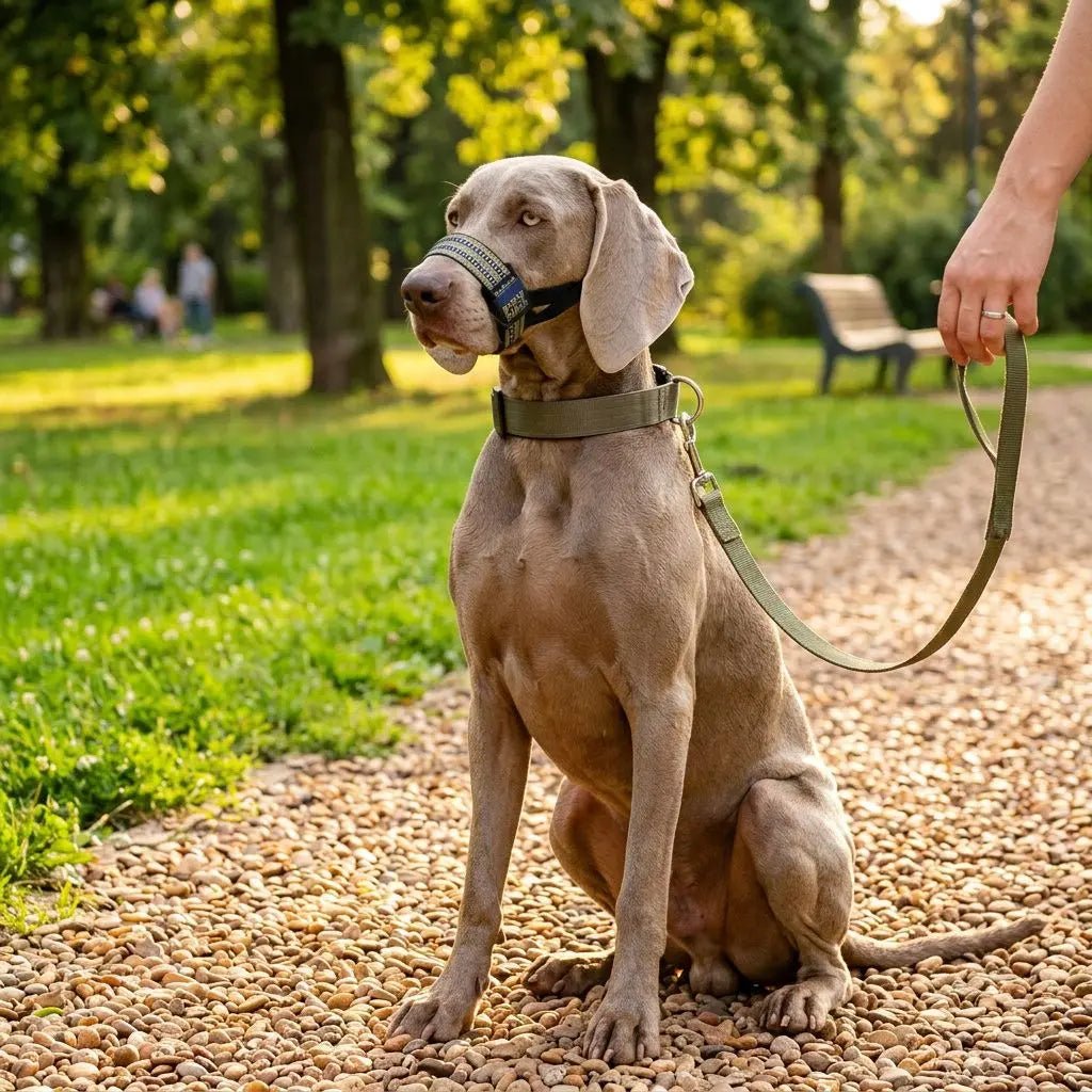Muselière pour chien Keira sur un chien assis en extérieur, collier et laisse assortis, promenades dans un parc.