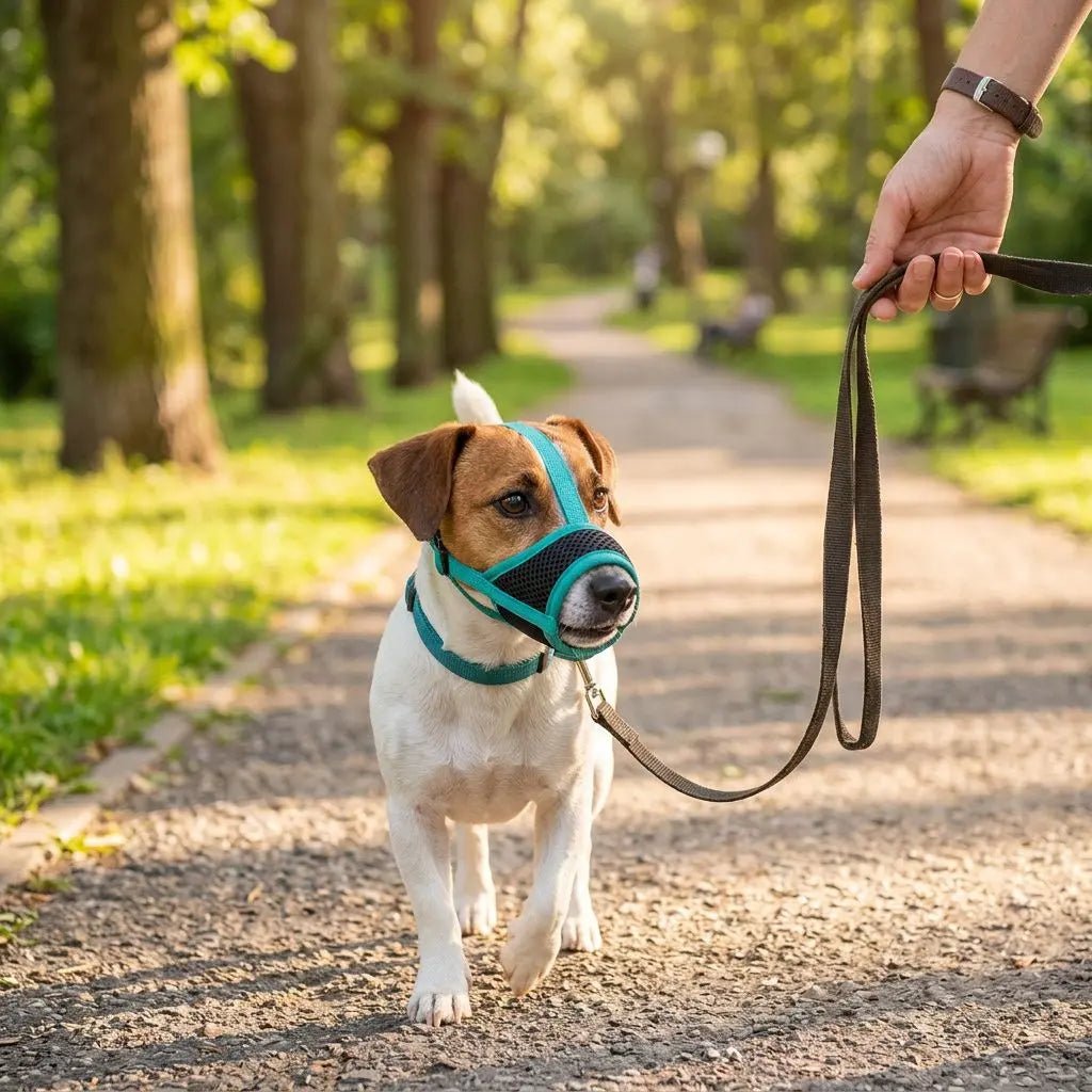 Chien marchant en laisse portant une muselière réglable turquoise et noire Pacane sur un chemin du parc forestier.