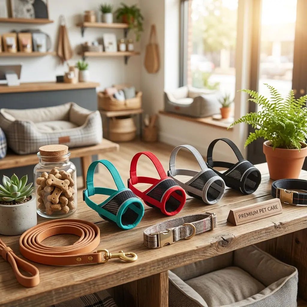 Muselière pour chien Pacane, colorée et confortable, affichée avec laisse et accessoires chien sur une table en bois dans un intérieur cosy.