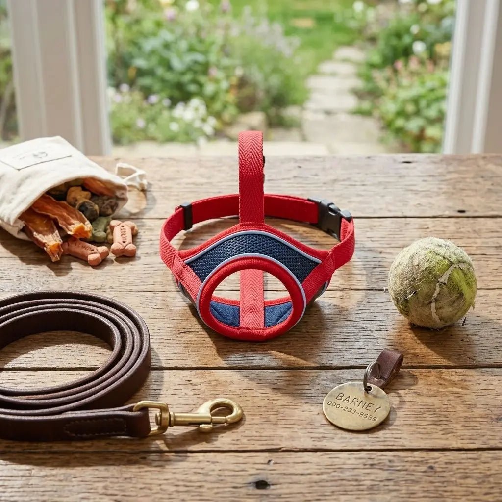 Laisse chien en cuir enroulée et muselière rouge avec médaillon de chien et balle de tennis sur planche en bois. Muselière chien Pacane visible.