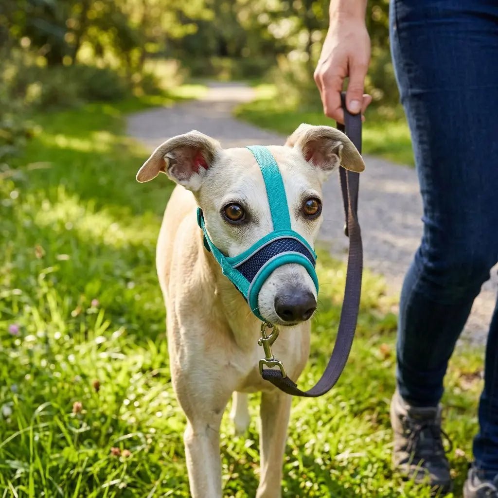 Chien en longe portant une muselière turquoise, marche sur un chemin d’herbe avec son propriétaire à l’extérieur.