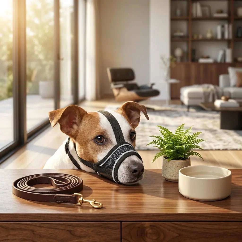 Chien blanc et fauve portant une muselière noire sur le museau, assis la tête couché sur une table avec une laisse brune et un bol, plante verte et salon lumineux en arrière-plan. Mot-clé: Muselière Chien / Pacane