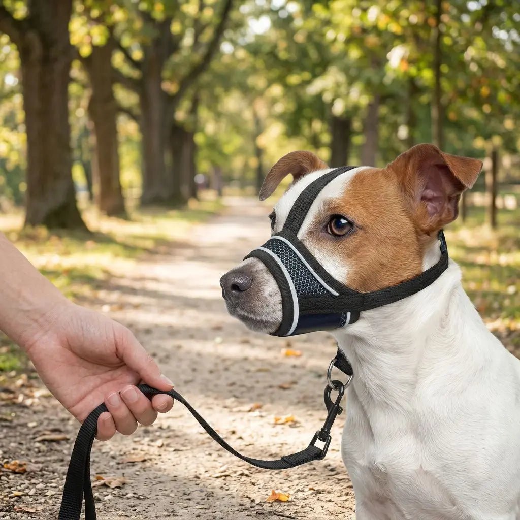 Muselière pour chien Pacane noire ajustable sur museau, en laisse tenue par une main dans un parc boisé.