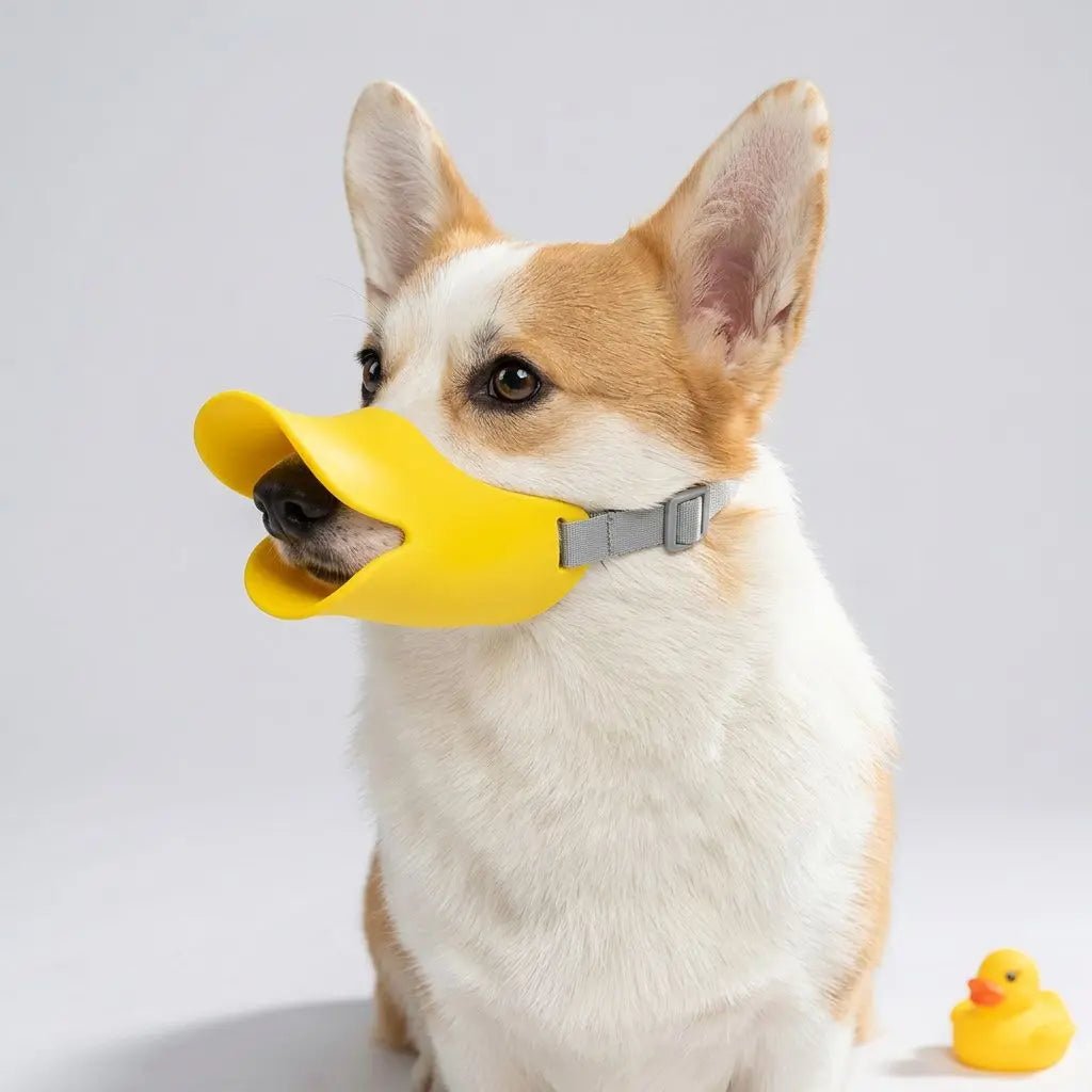 Muselière pour chien jaune sur le museau d’un Corgi, sangle gris, petite peluche de bain en canard jaune à côté. Muselière design Tinour.