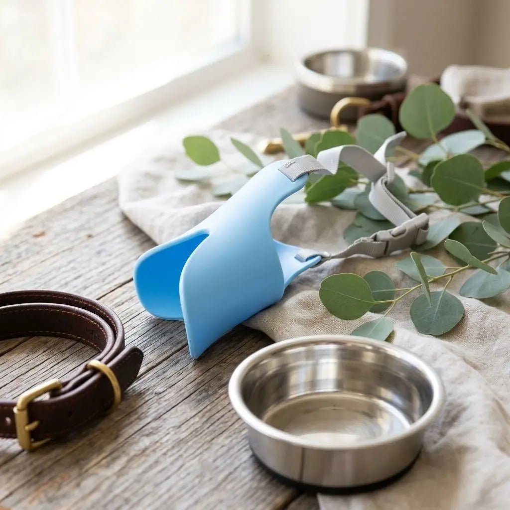 Muselière pour chien de couleur bleu, avec collier en cuir à côté, sur une table en bois près d’un bol métallique et des feuilles vertes. Produit Muselière Chien / Tinour.
