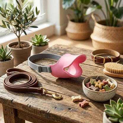 Muselière pour chien en forme de bec rose, avec sangle gris et laisses en cuir, sur table en bois entourée de plantes et biscuits pour chien.
