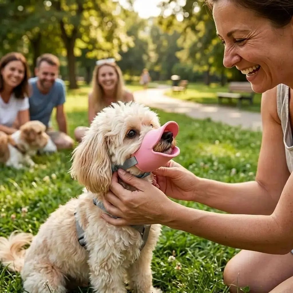Chien mignon portant une muselière rose, promené par une femme dans un parc en été, avec des personnes souriantes en arrière-plan. Muselière chien Tinour.