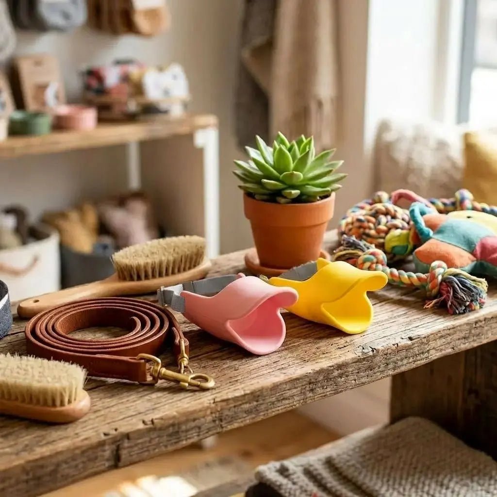 Muselière pour chien modèle rose et jaune au premier plan sur une table en bois, accompagnée d’une laisse, brosses et cordelette colorée, avec une plante en pot en arrière-plan. Muselière Chien / Tinour.