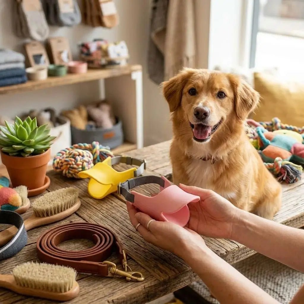 Muselière pour chien Muselière Chien / Tinour présentée sur une table avec accessoires pour chien, chien souriant à côté.