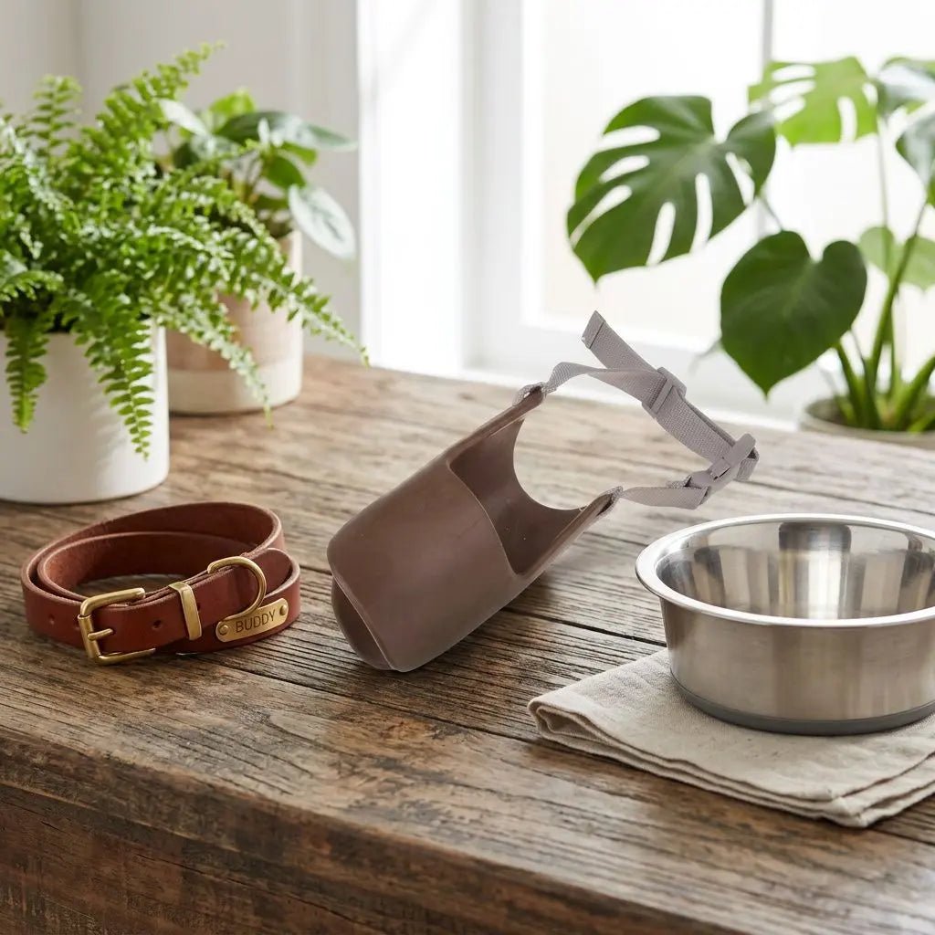Muselière pour chien brun et sangle grise posée sur une table en bois, avec collier en cuir et bol métallique à côté. Muselière Chien Tinour.