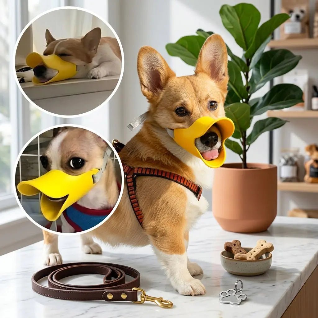 Muselière pour chien Tinour jaune sur un chien corgi, collier rouge, entourée de bulles montrant l’usage; accessoires pour chien sur un comptoir de marbre.