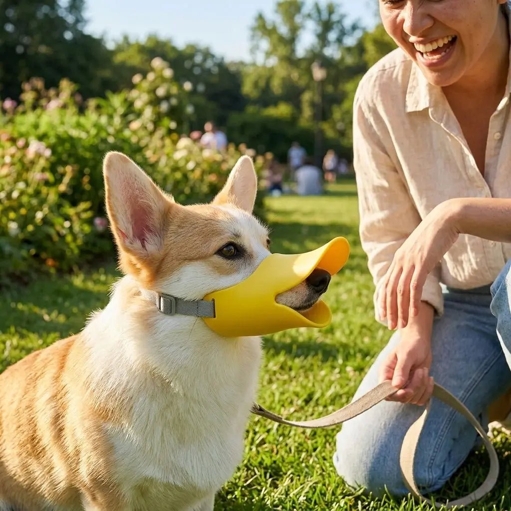 Muselière pour chien Tinour jaune sur un Corgi en plein parc, femme souriante à côté.
