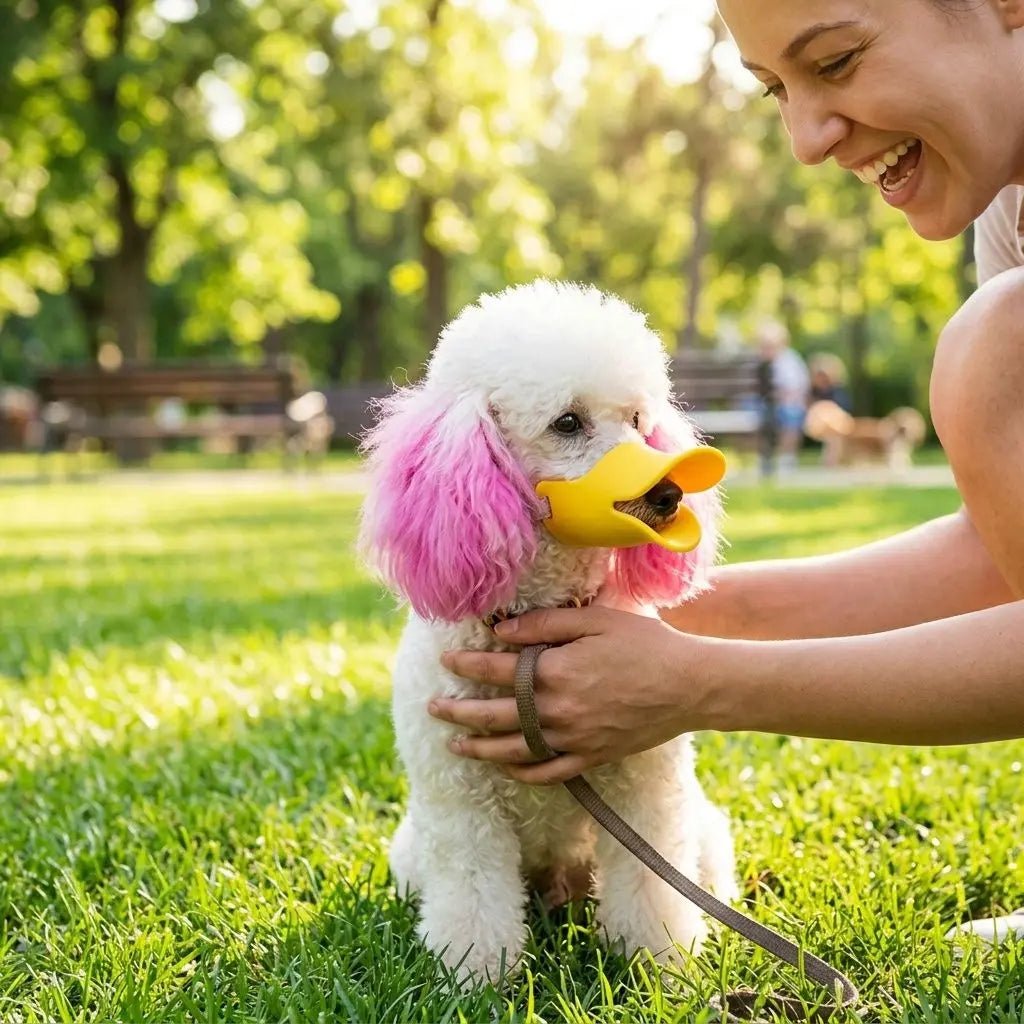 Muselière pour chien Tinour: chien blanc avec oreilles colorées rose vif en parc, personne souriante à côté.