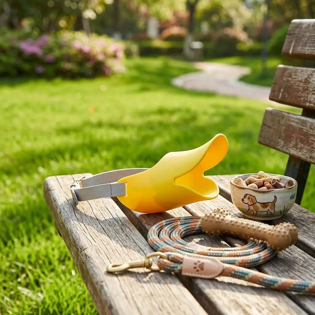Muselière pour chien jaune avec sangle gris, laisse et jouets sur banc en bois dans un jardin; produit Tinour.